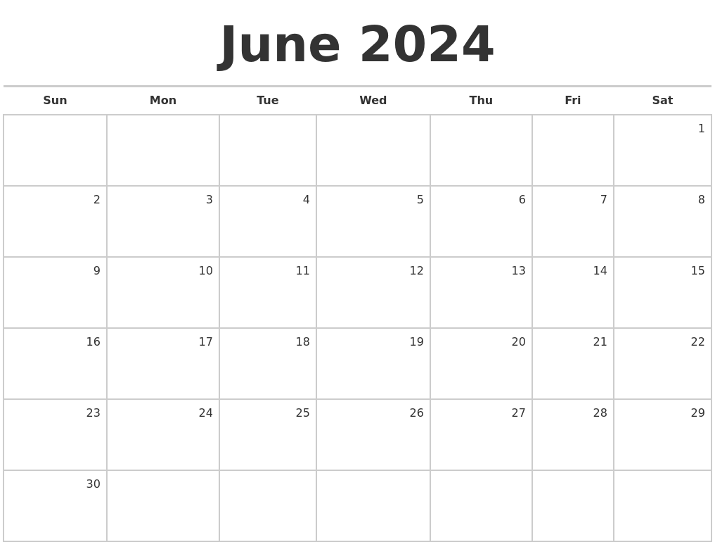 June 2024 Blank Monthly Calendar