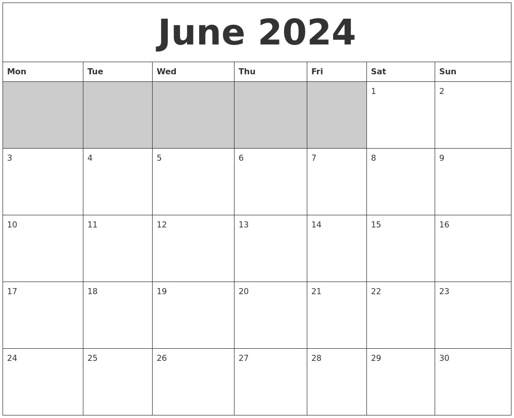 June 2024 Blank Printable Calendar