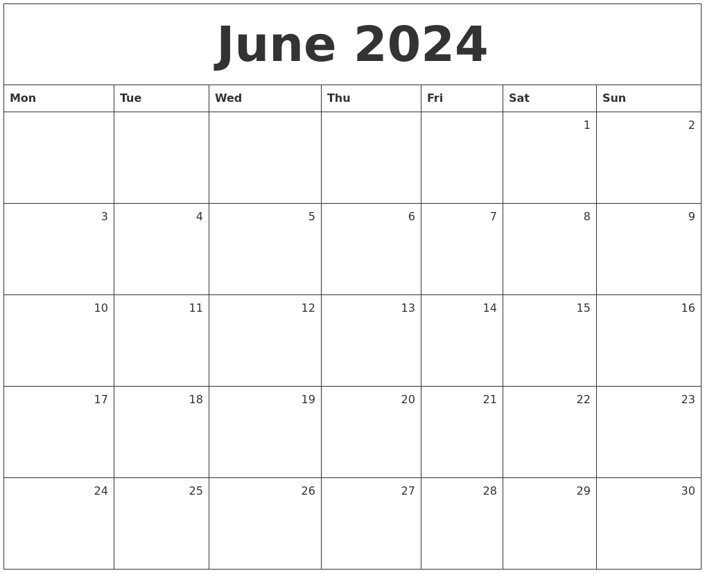 June 2024 Monthly Calendar