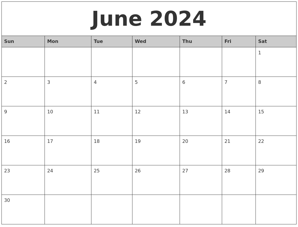 June 2024 Monthly Calendar Printable