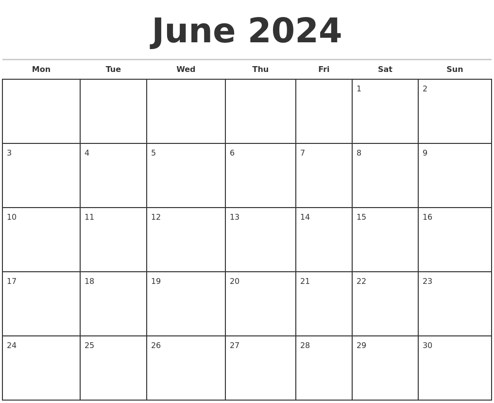 June 2024 Monthly Calendar Template