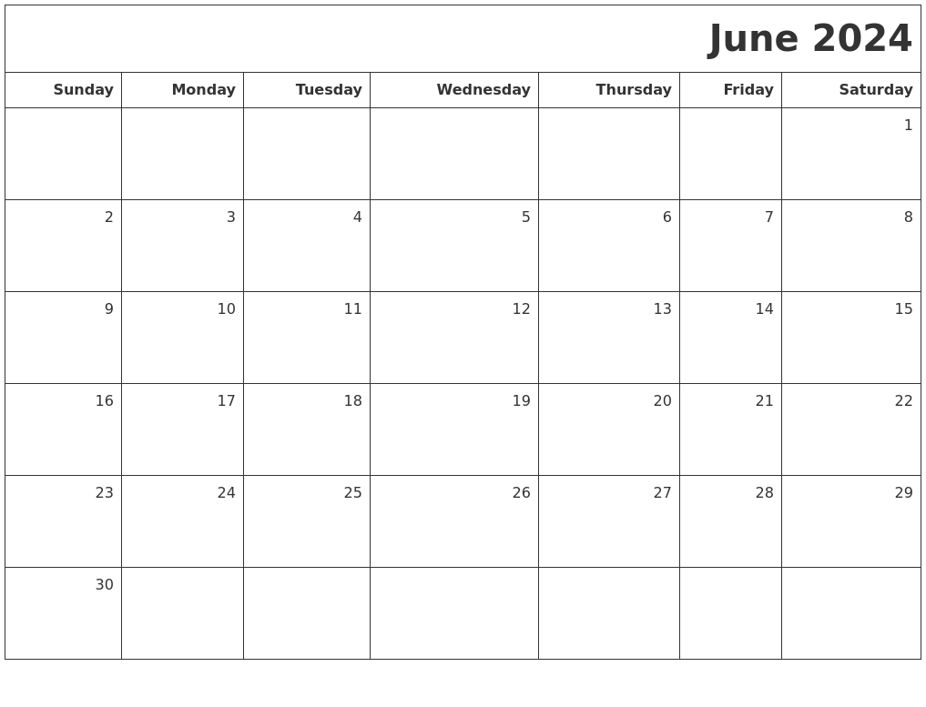 Blank Calendar June 2024 Printable Blank Printable