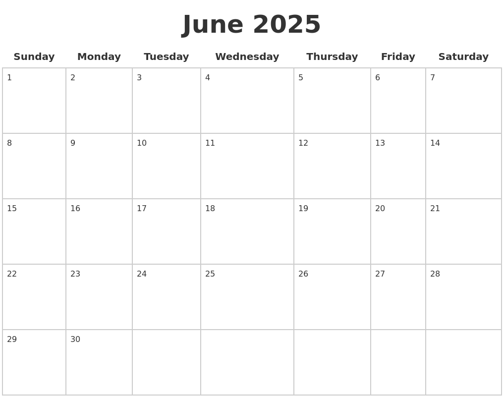June 2025 Blank Calendar Pages