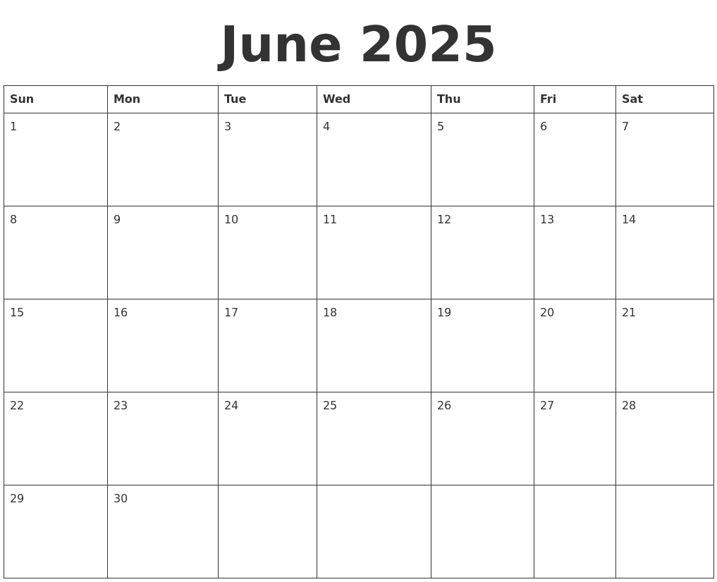 June 2025 Blank Calendar Template