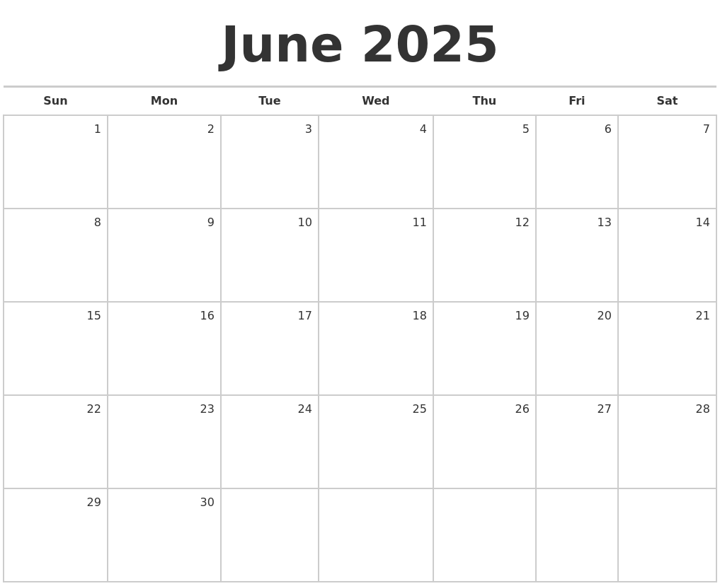 June 2025 Blank Monthly Calendar