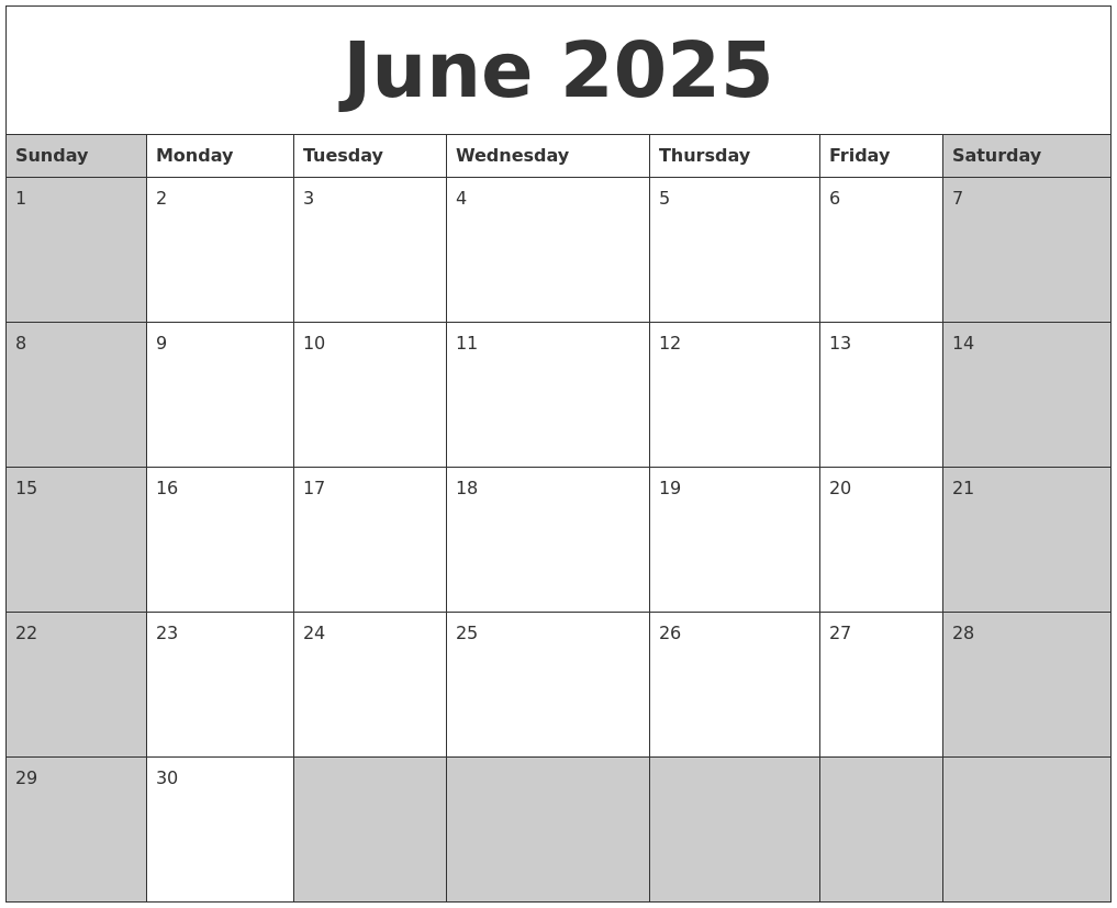 June 2025 Calanders