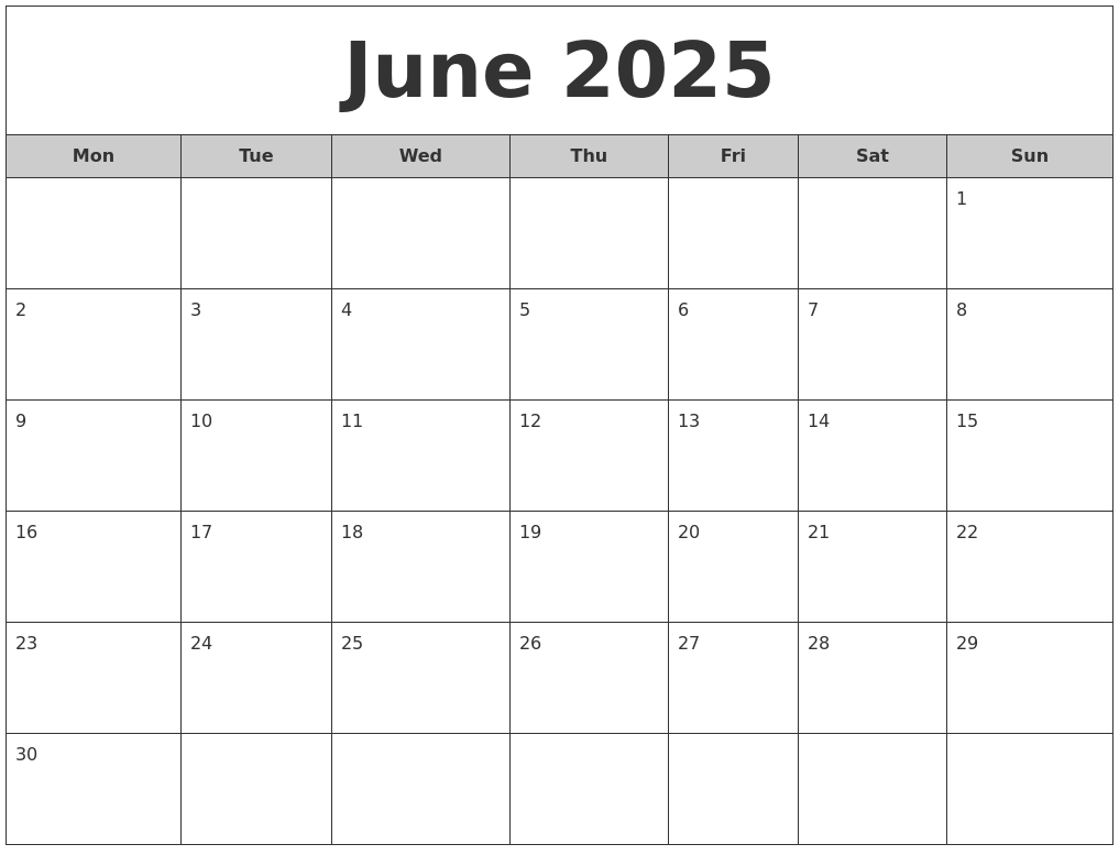 June 2025 Free Monthly Calendar