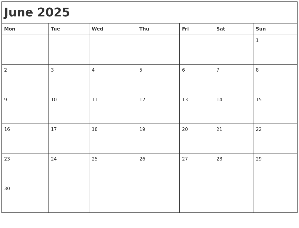 June 2025 Month Calendar