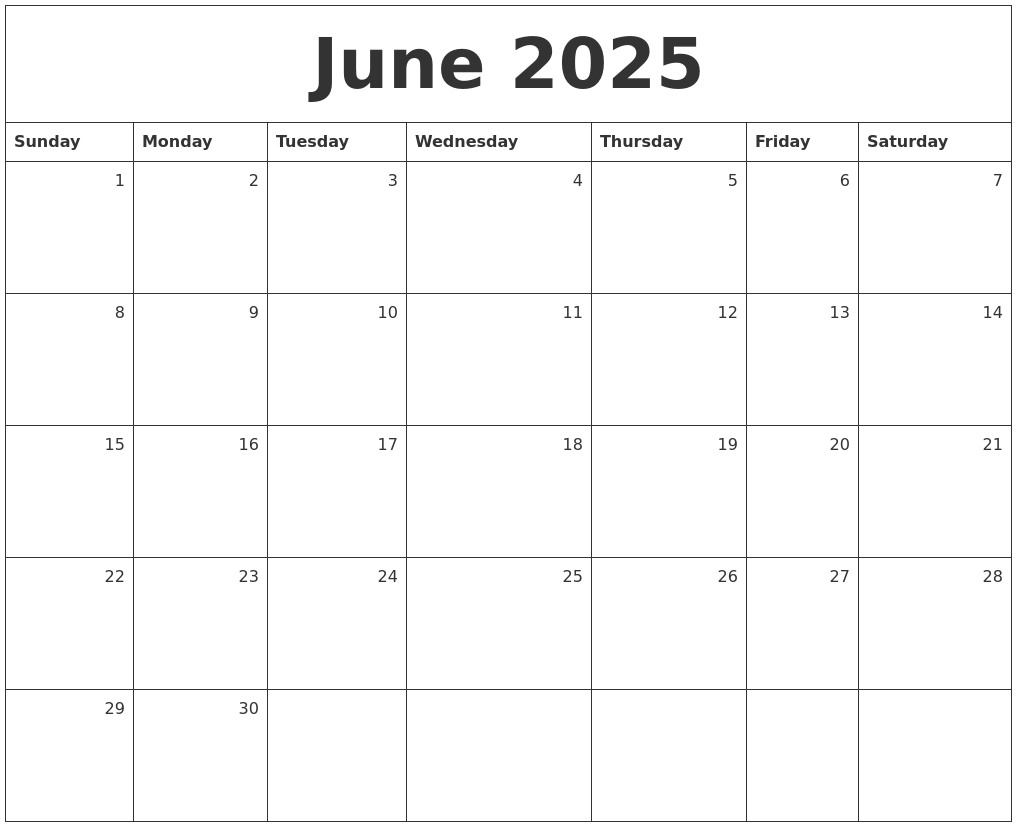 June 2025 Monthly Calendar