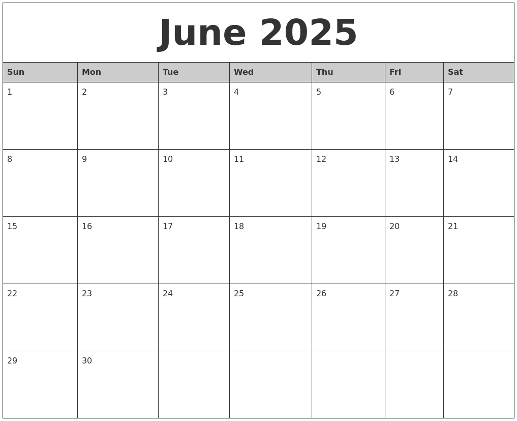 June 2025 Monthly Calendar Printable