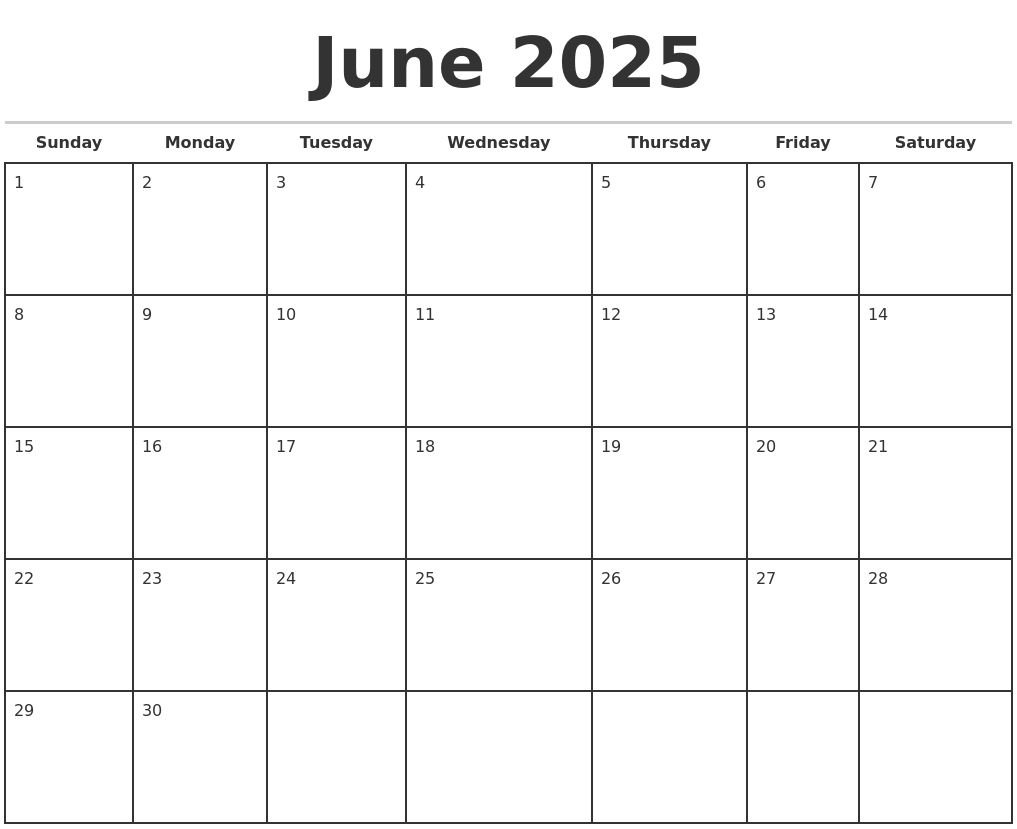 June 2025 Monthly Calendar Template