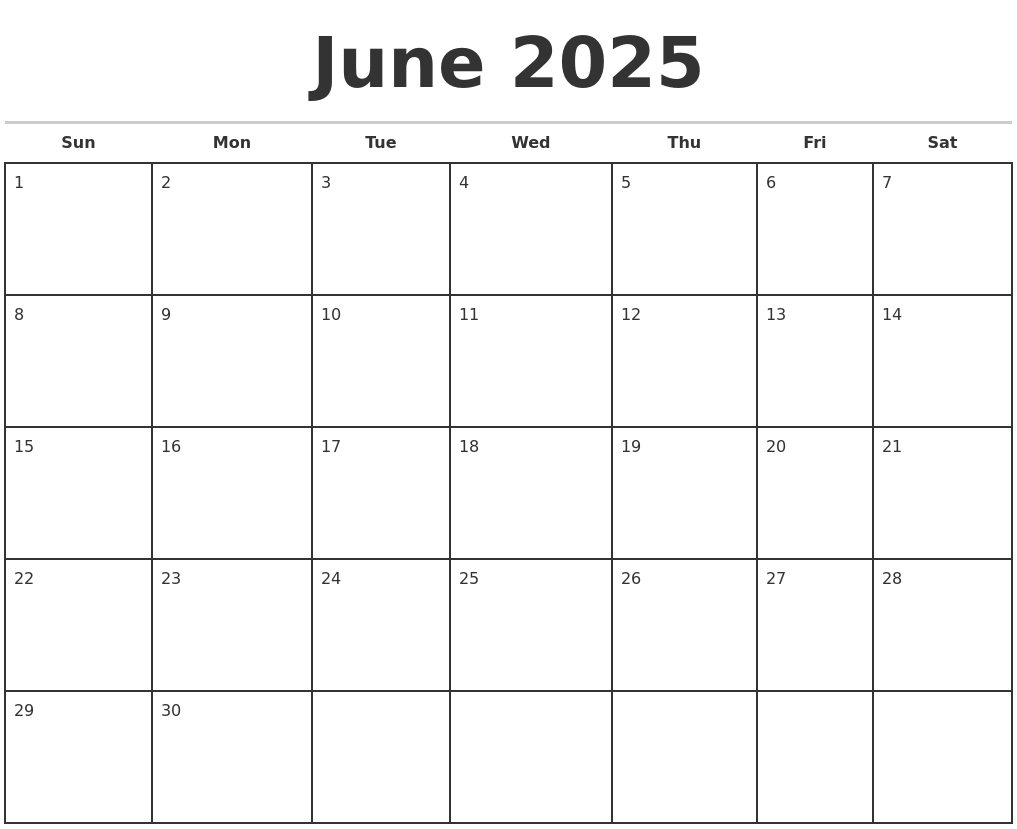 June 2025 Monthly Calendar Template