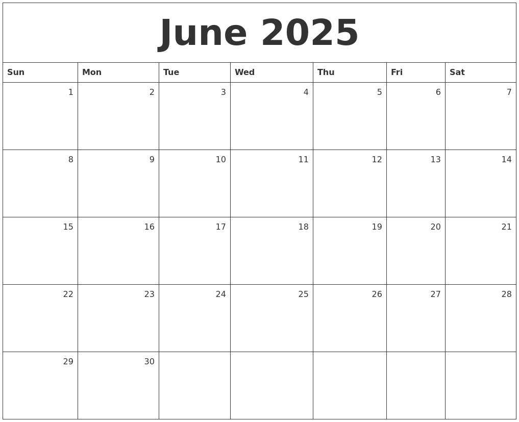 June 2025 Monthly Calendar