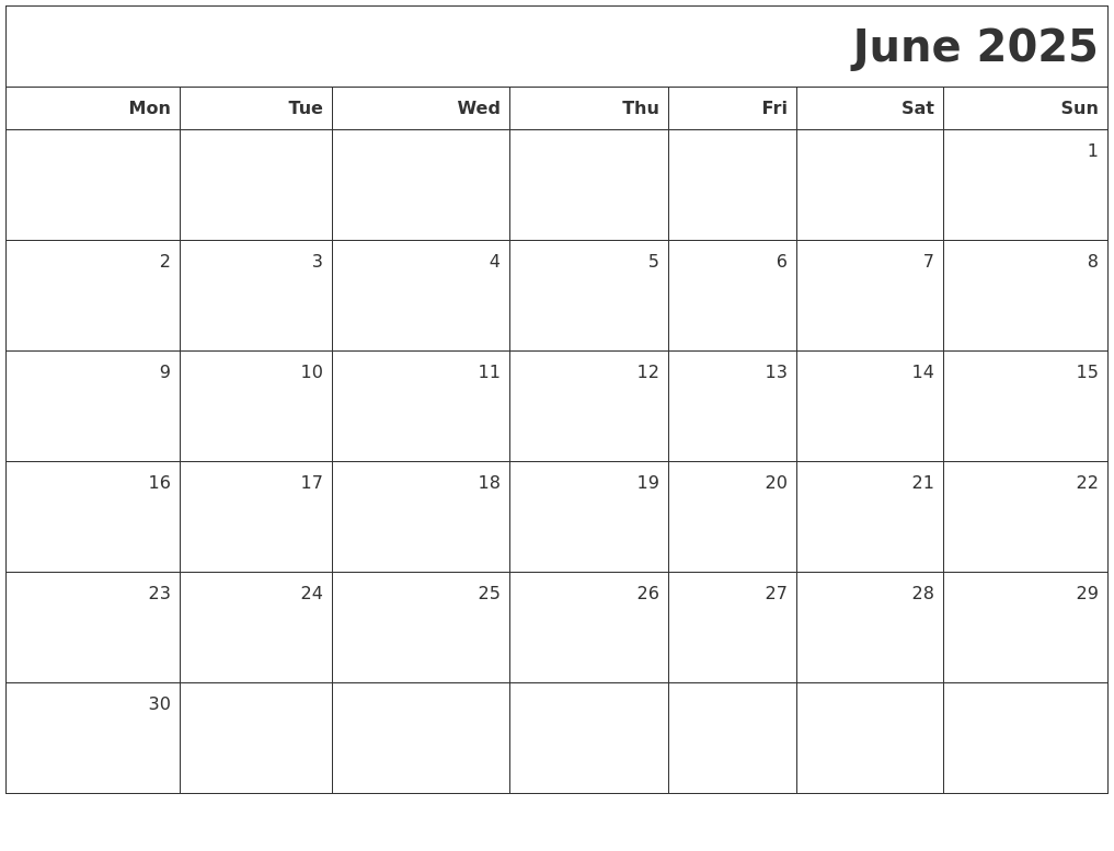 June 2025 Monthly Calendar Bank2home