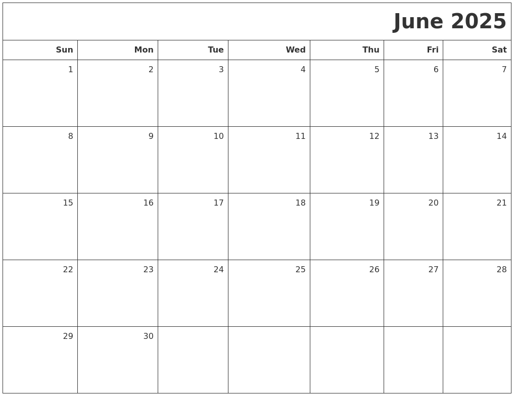 June 2025 Printable Blank Calendar