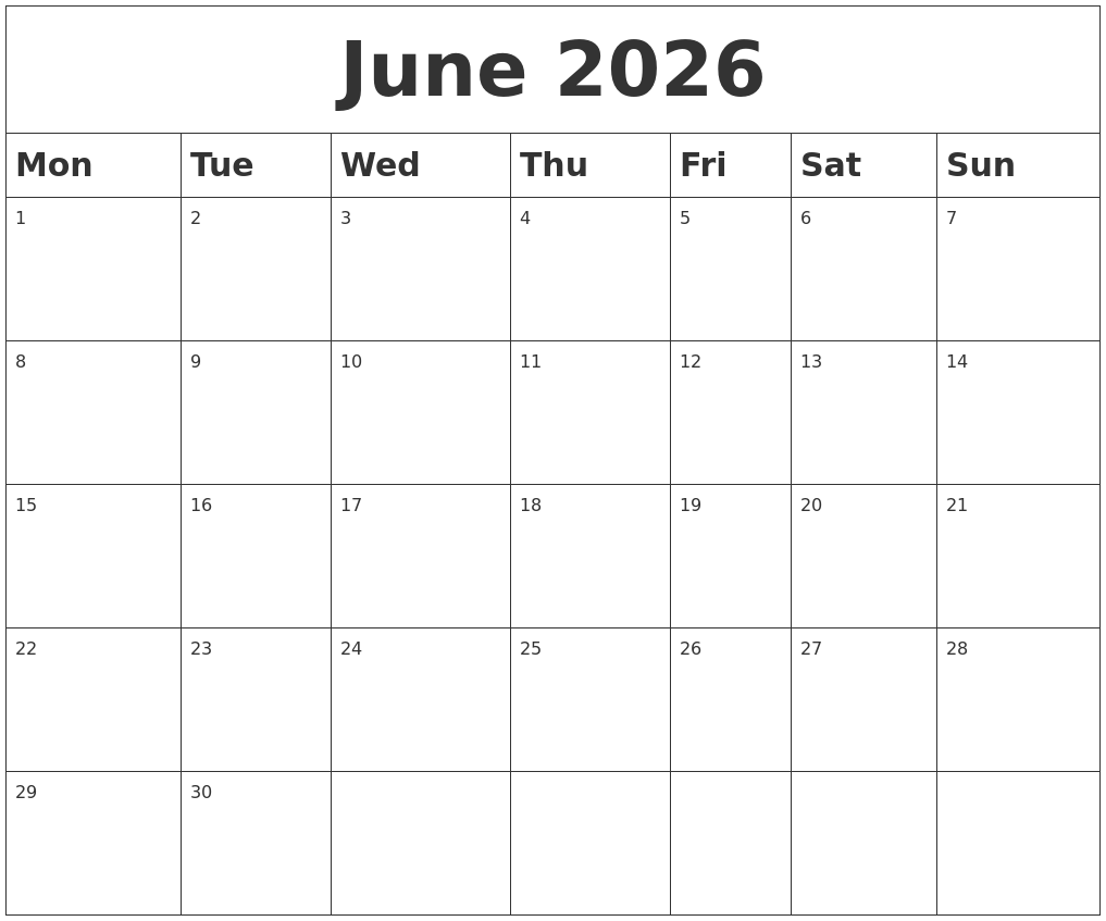 June 2026 Blank Calendar