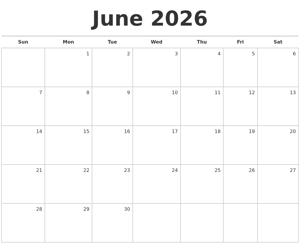 June 2026 Blank Monthly Calendar