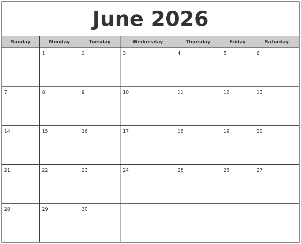 June 2026 Free Monthly Calendar