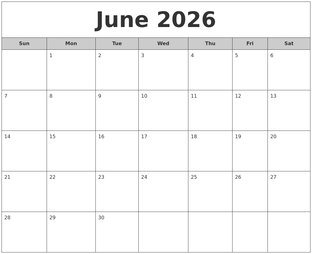 June 2026 Free Monthly Calendar