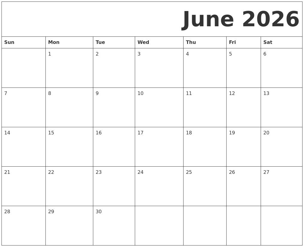 June 2026 Free Printable Calendar