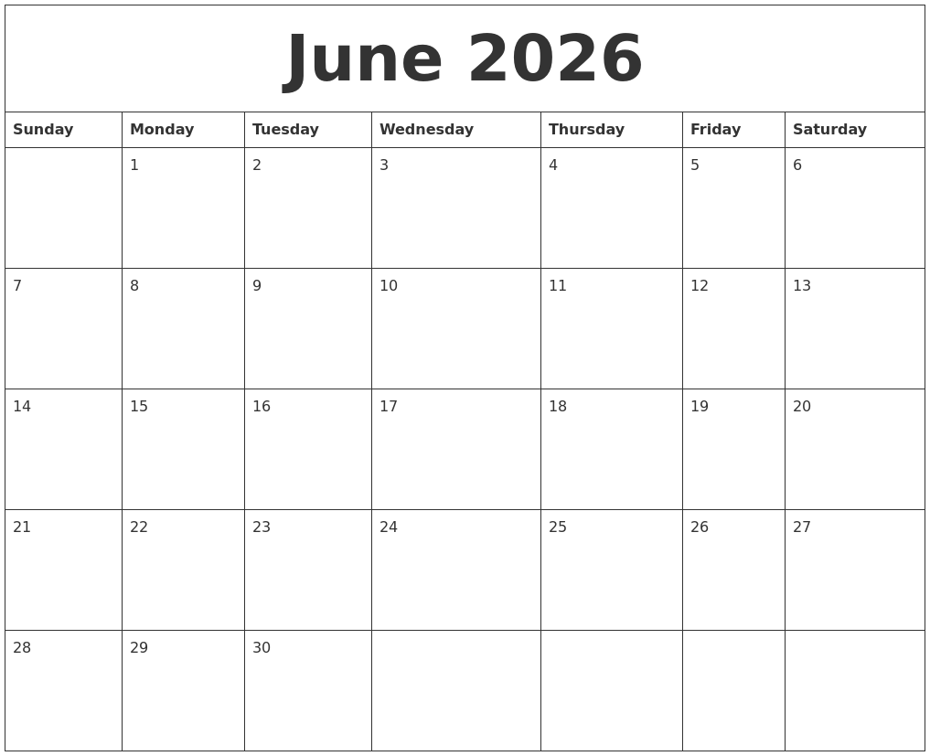 June 2026 Free Printable Monthly Calendar