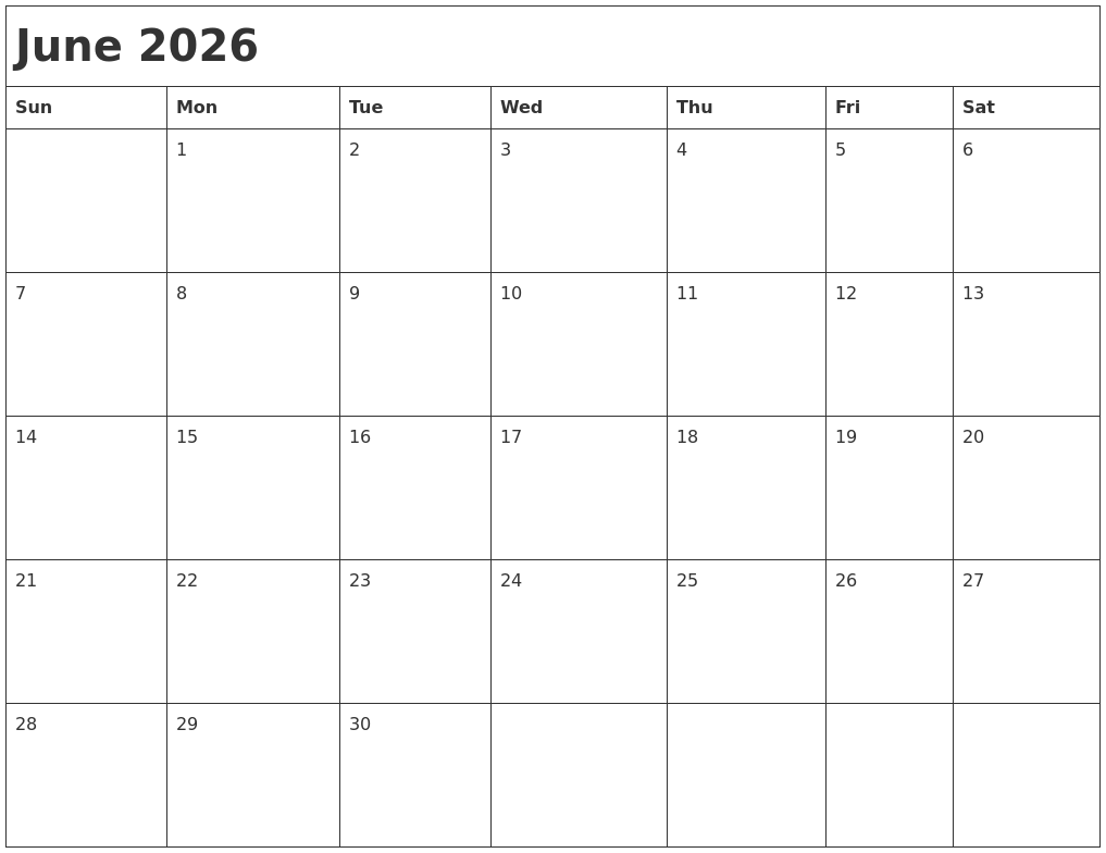 June 2026 Month Calendar