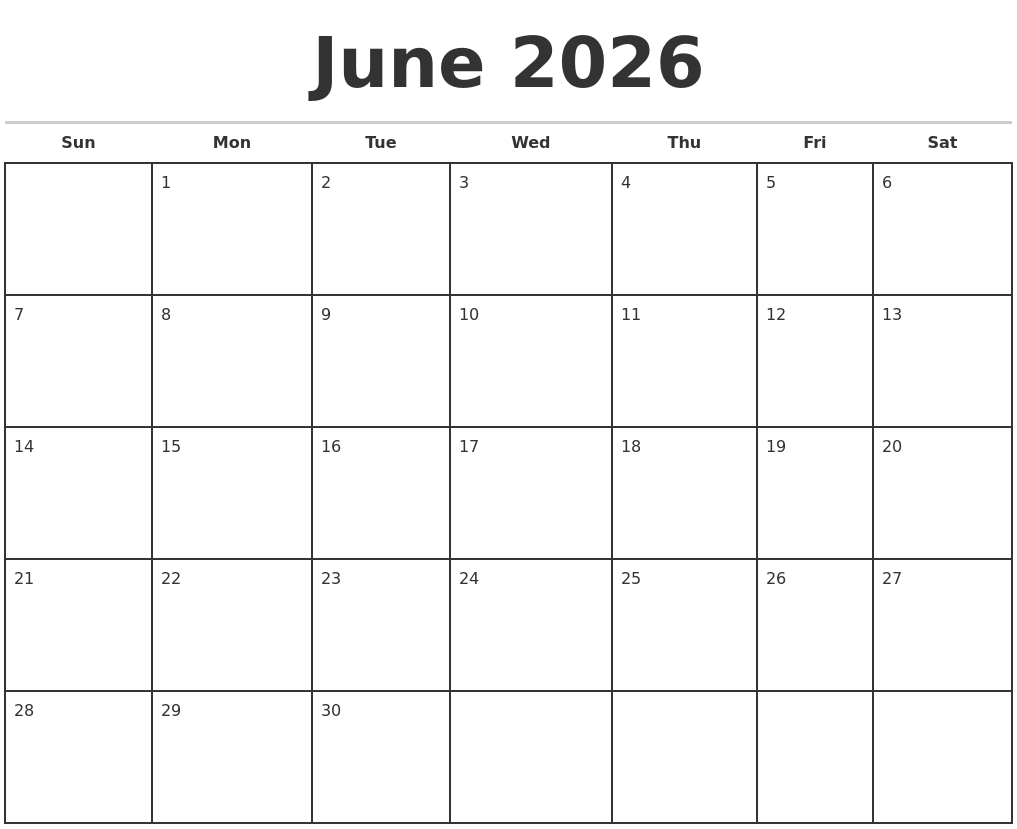 June 2026 Monthly Calendar Template