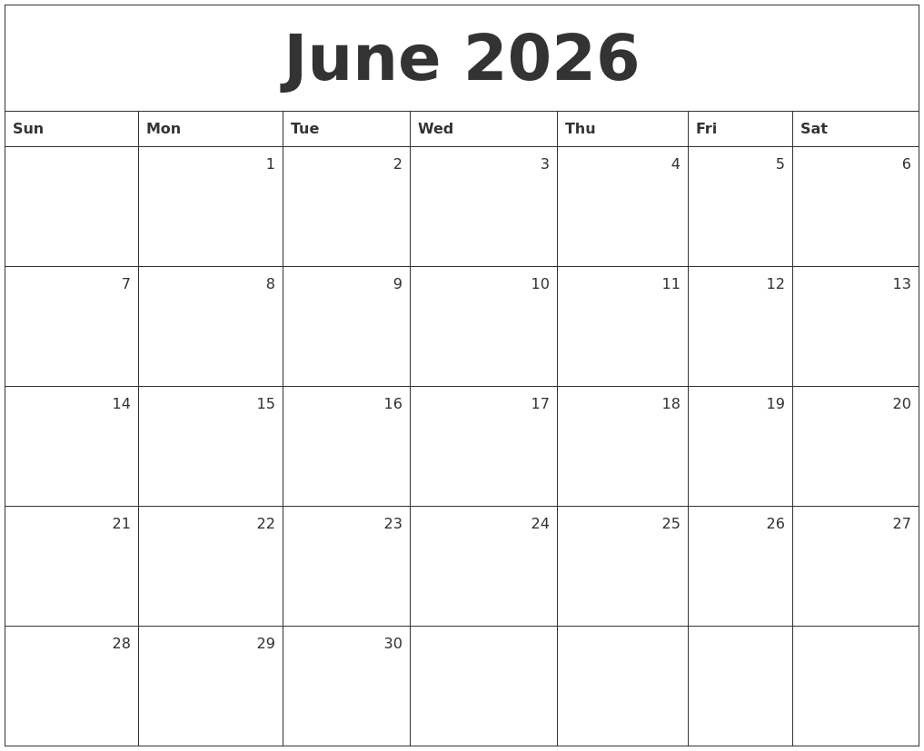 June 2026 Monthly Calendar