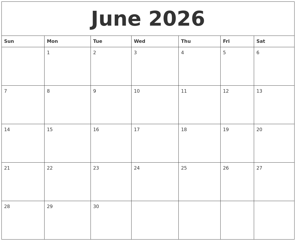 June 2026 Print Blank Calendar