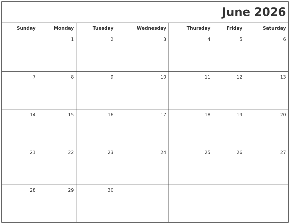 June 2026 Printable Blank Calendar