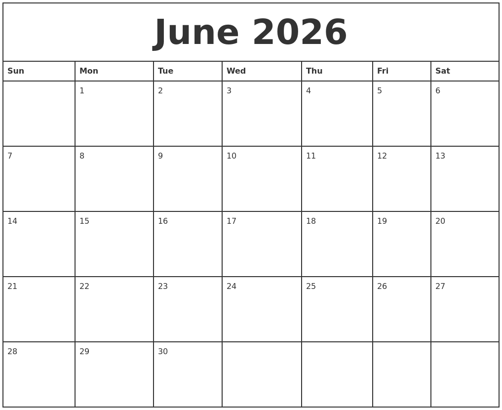 June 2026 Printable Monthly Calendar