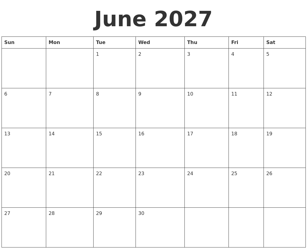 June 2027 Blank Calendar Template