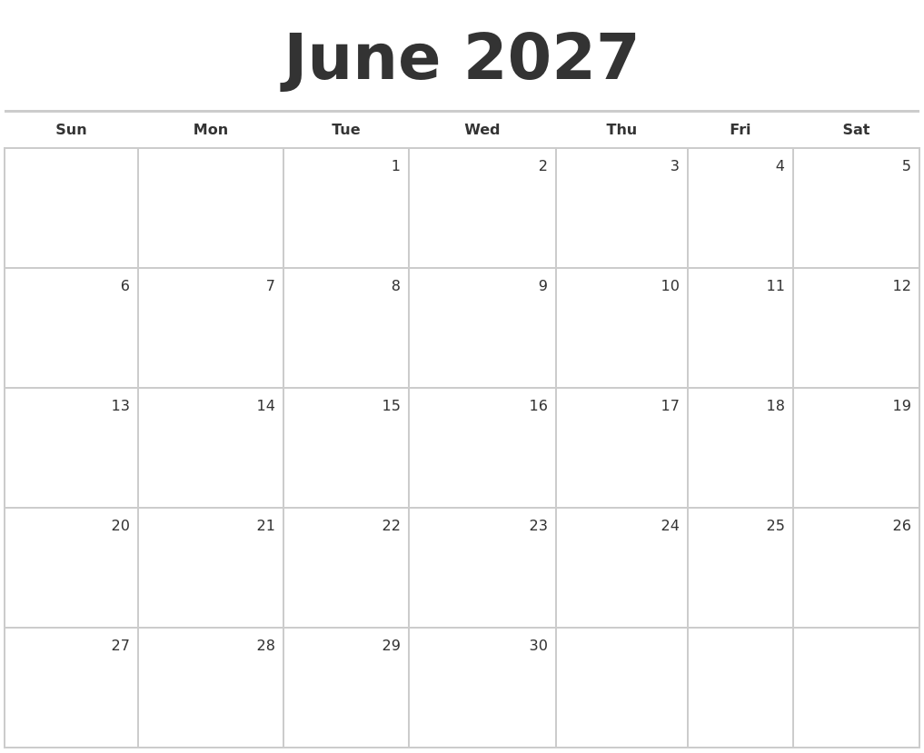 June 2027 Blank Monthly Calendar