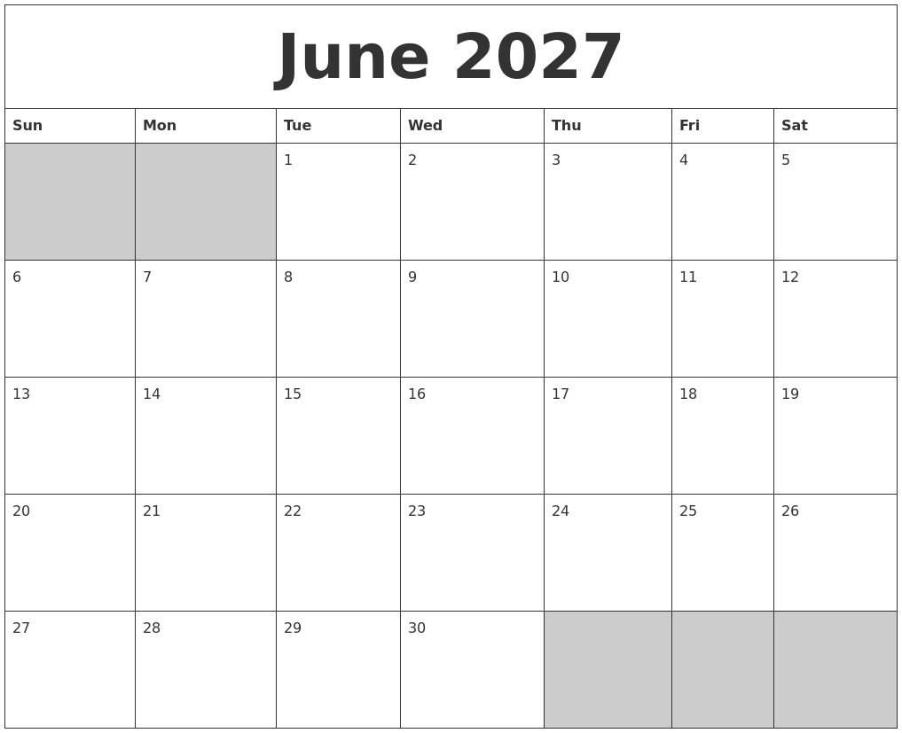 June 2027 Blank Printable Calendar