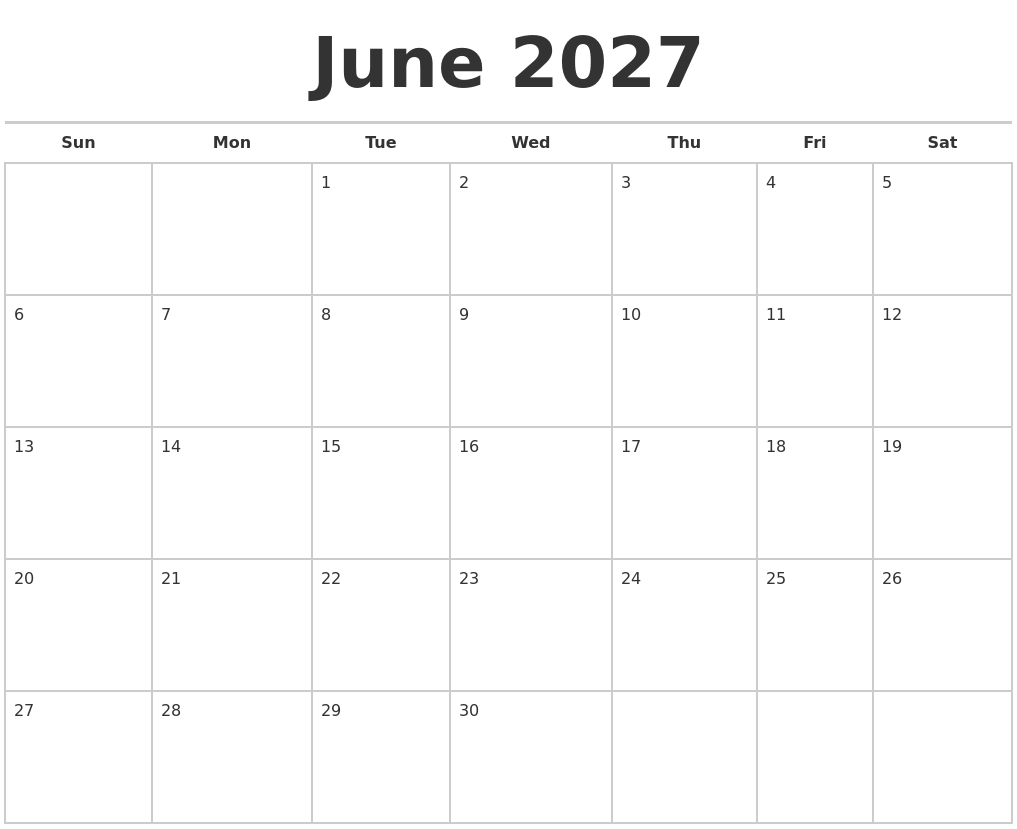 June 2027 Calendars Free
