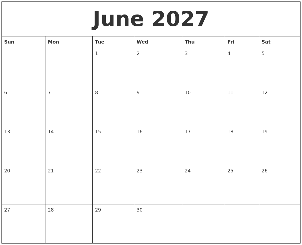 June 2027 Calender Print