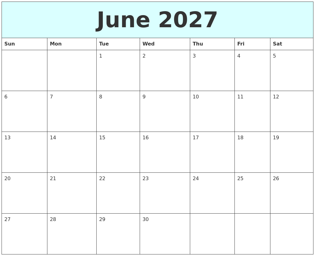 June 2027 Free Calendar