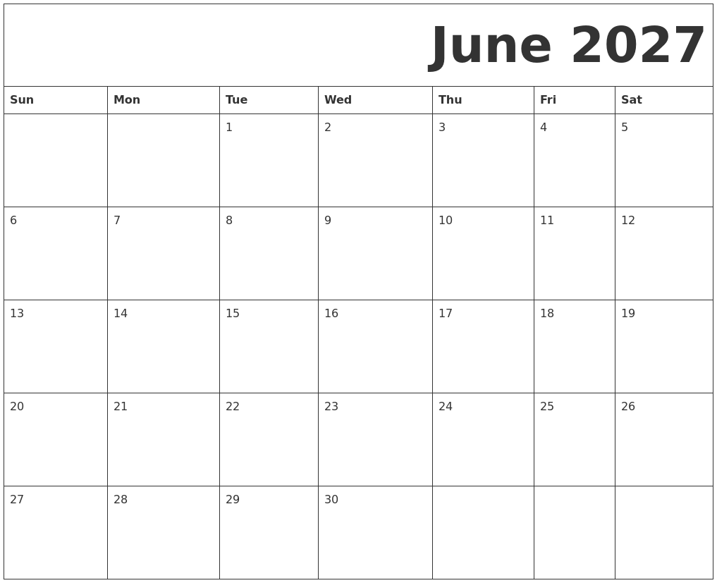 June 2027 Free Printable Calendar
