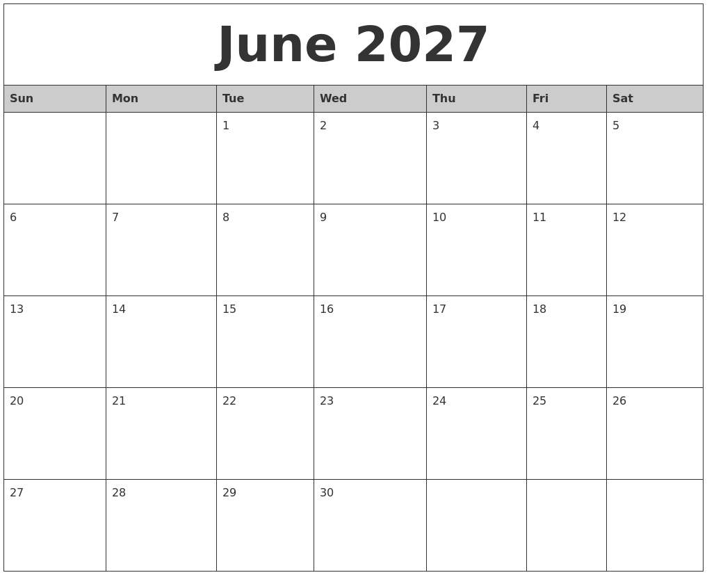 June 2027 Monthly Calendar Printable