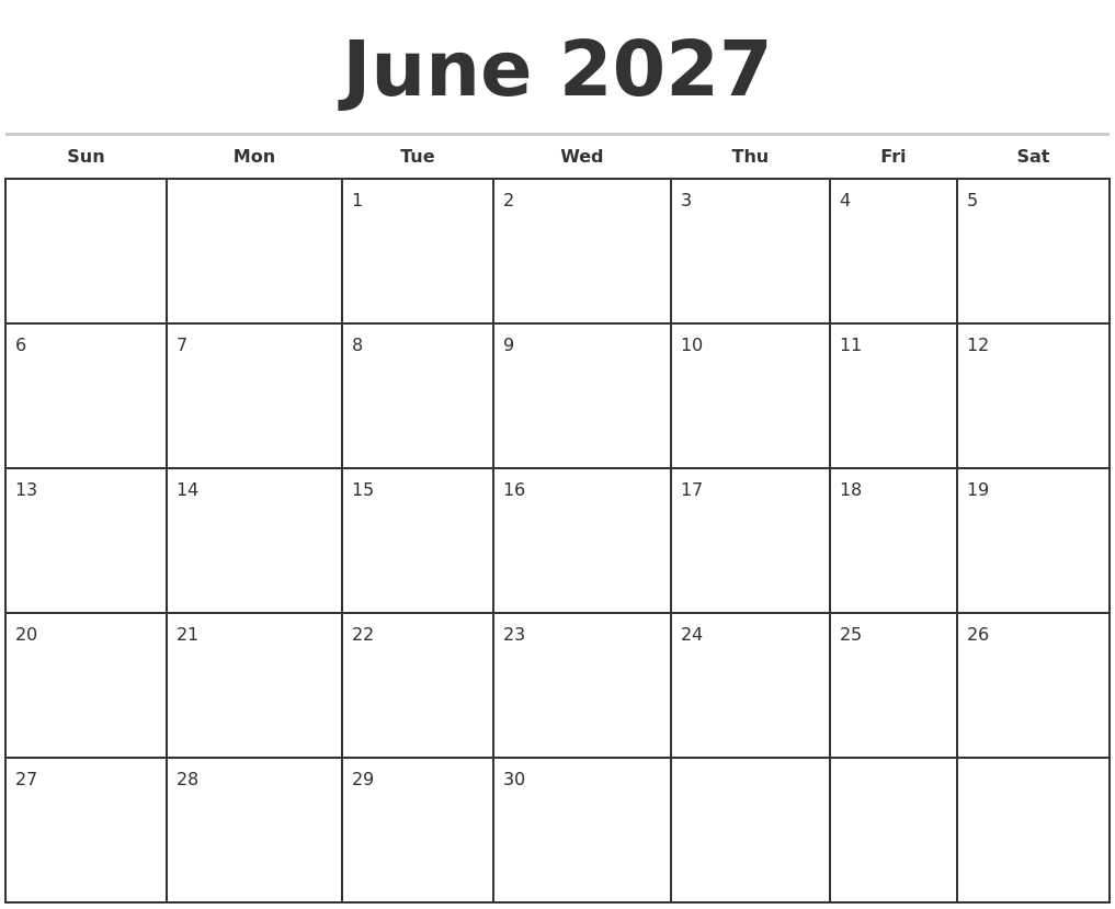 June 2027 Monthly Calendar Template