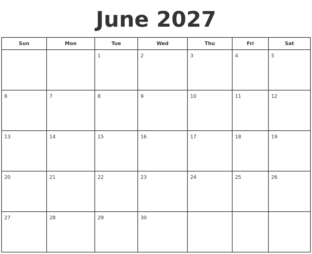 June 2027 Print A Calendar