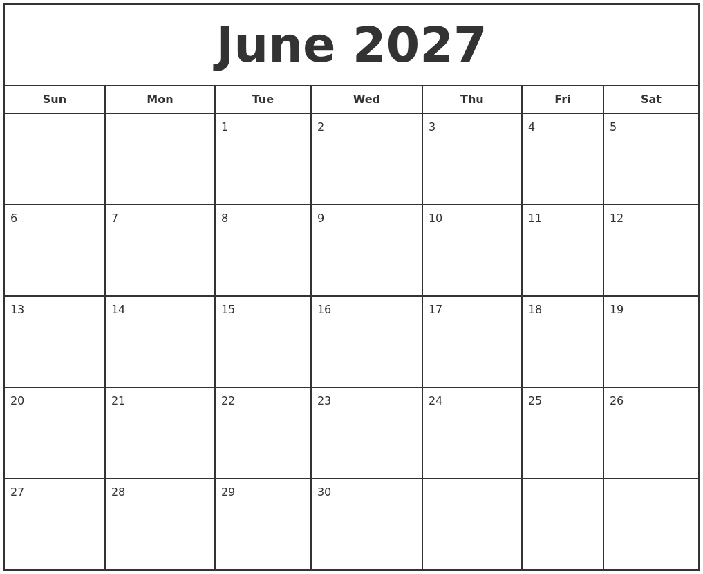 June 2027 Print Free Calendar