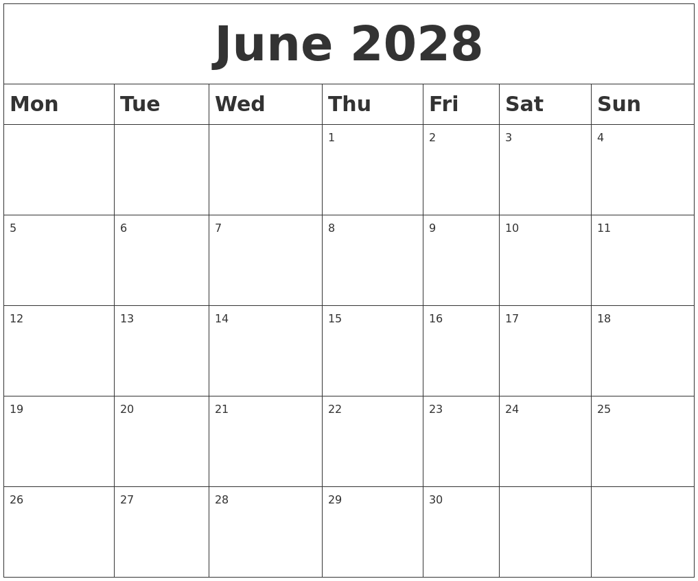 June 2028 Blank Calendar June 2028 Blank Calendar