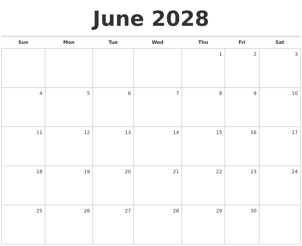 june 2028 blank monthly calendar