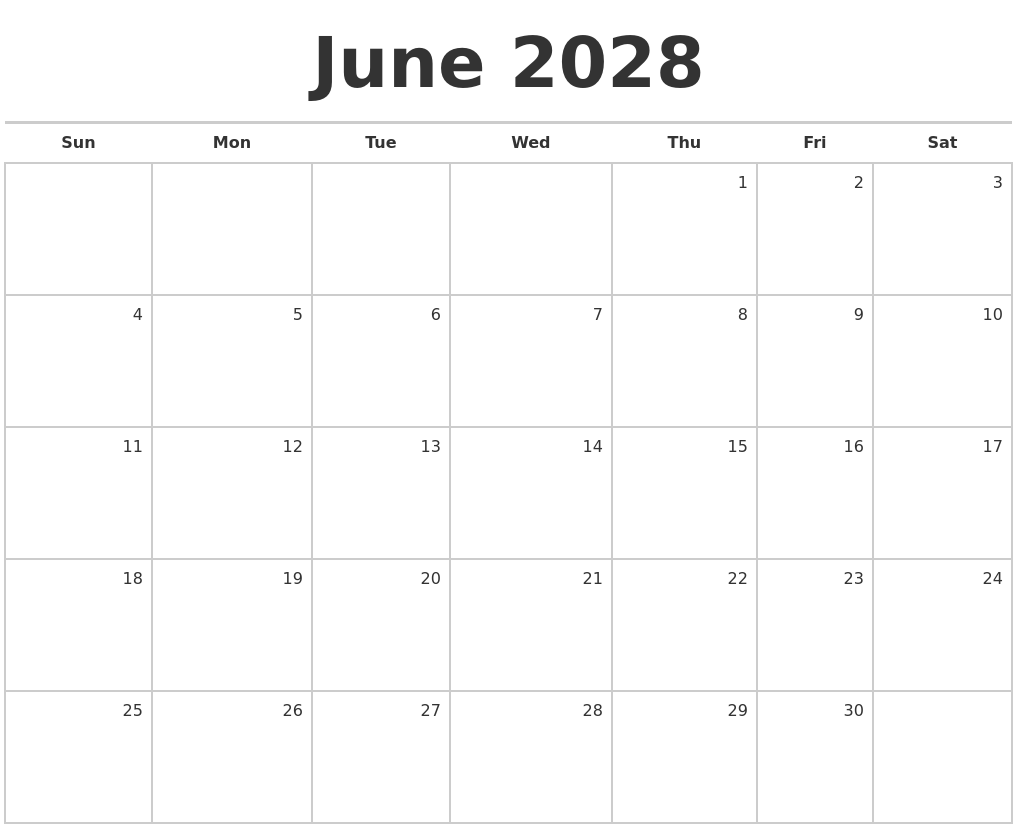 June 2028 Blank Monthly Calendar