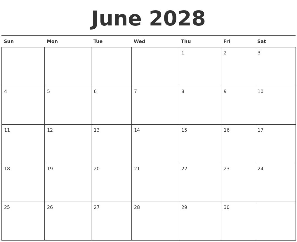 June 2028 Calendar Printable