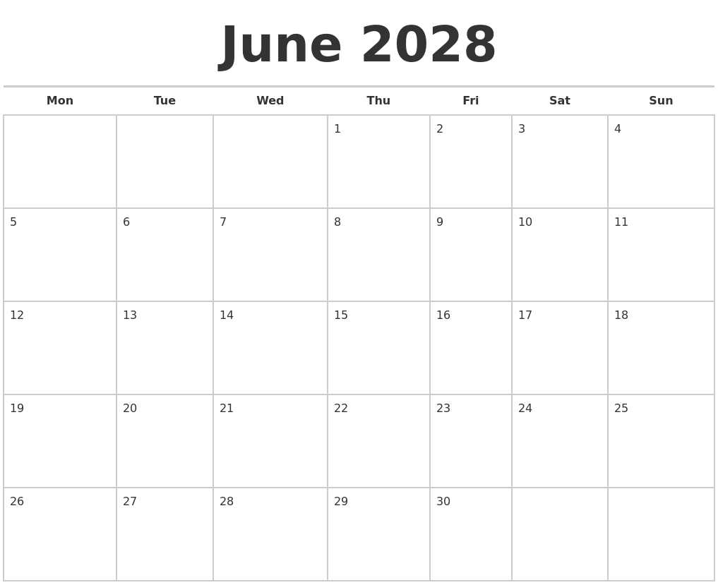 June 2028 Calendars Free