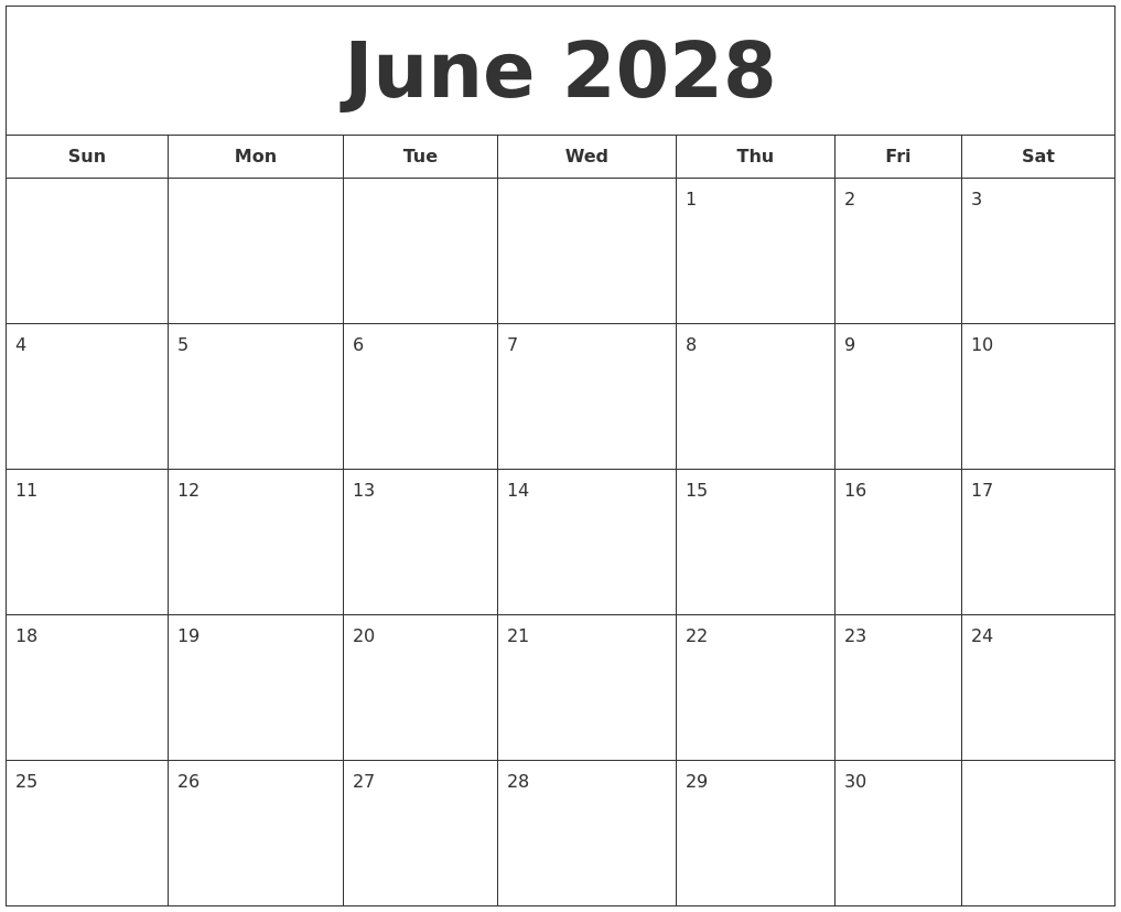 June 2028 Printable Calendar