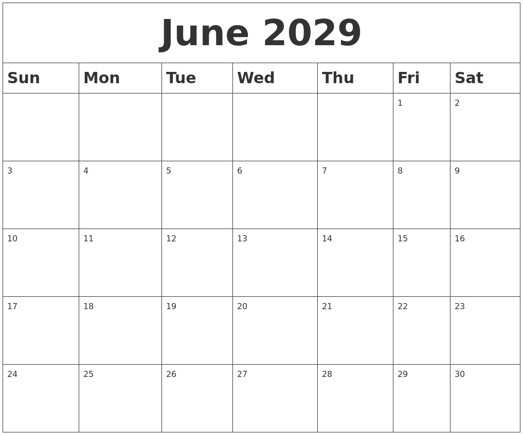 June 2029 Blank Calendar