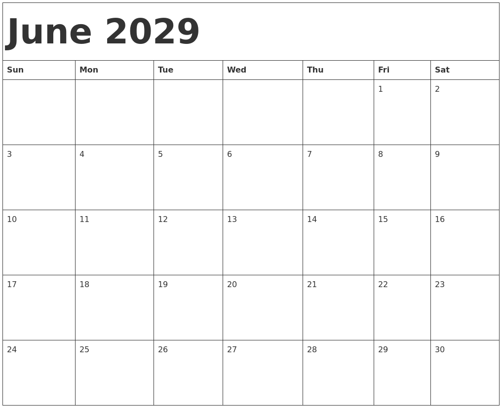 June 2029 Calendar Template